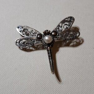 Marcasite Sterling Silver Dragonfly pin with Pearl center